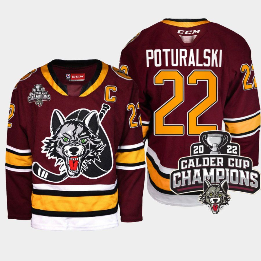 andrew poturalski chicago wolves burgundy 2022 calder cup champs ahl jersey