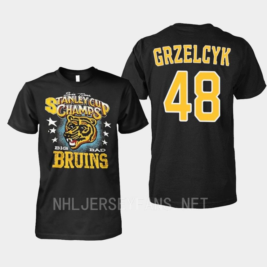 bruins matt grzelcyk black throwback 6x stanley cup champs t shirt