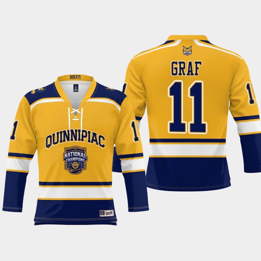 collin graf quinnipiac bobcats gold 2023 ncaa national champions ice hockey jersey