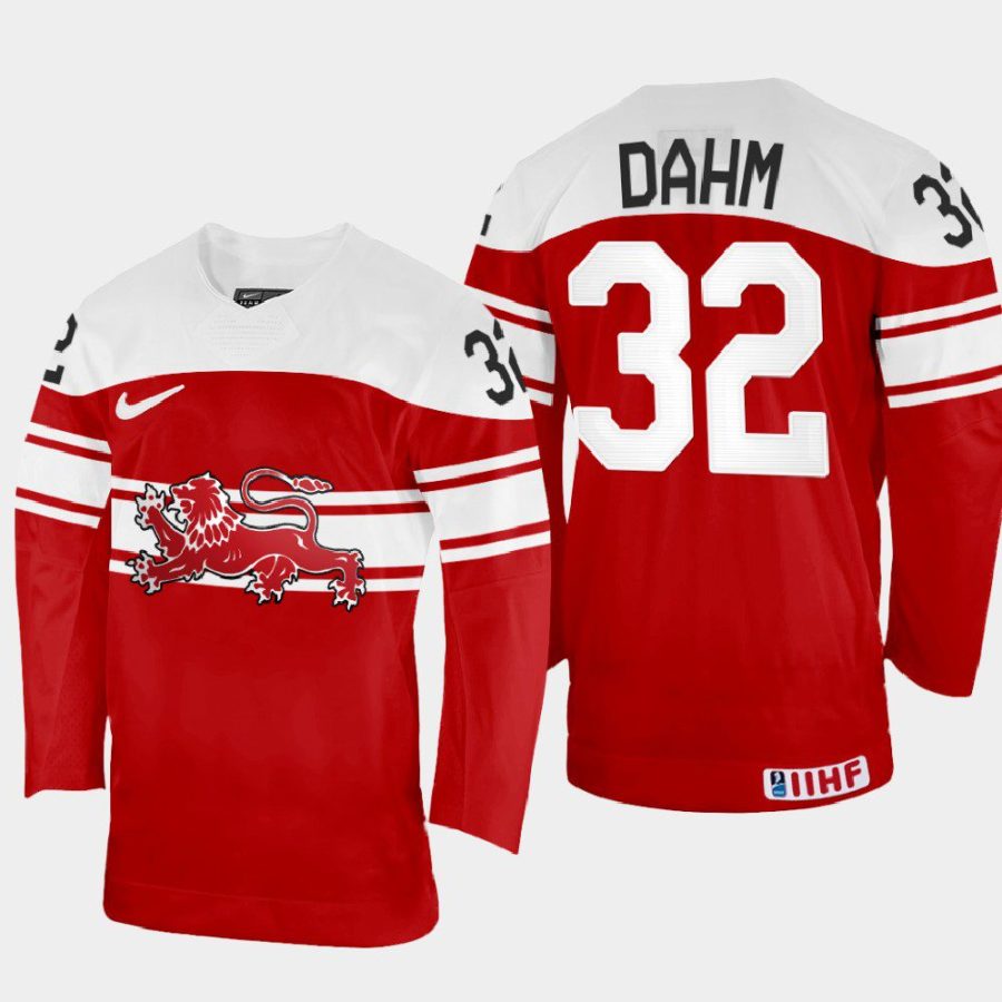 denmark hockey sebastian dahm 2022 iihf world championship away jersey red