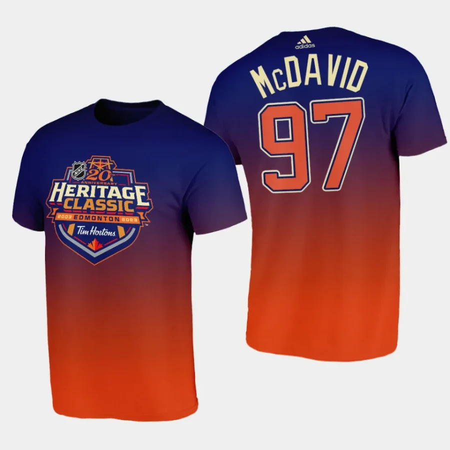 edmonton connor mcdavid blue orange20th anniversary 2003 2023nhl heritage classic t shirt