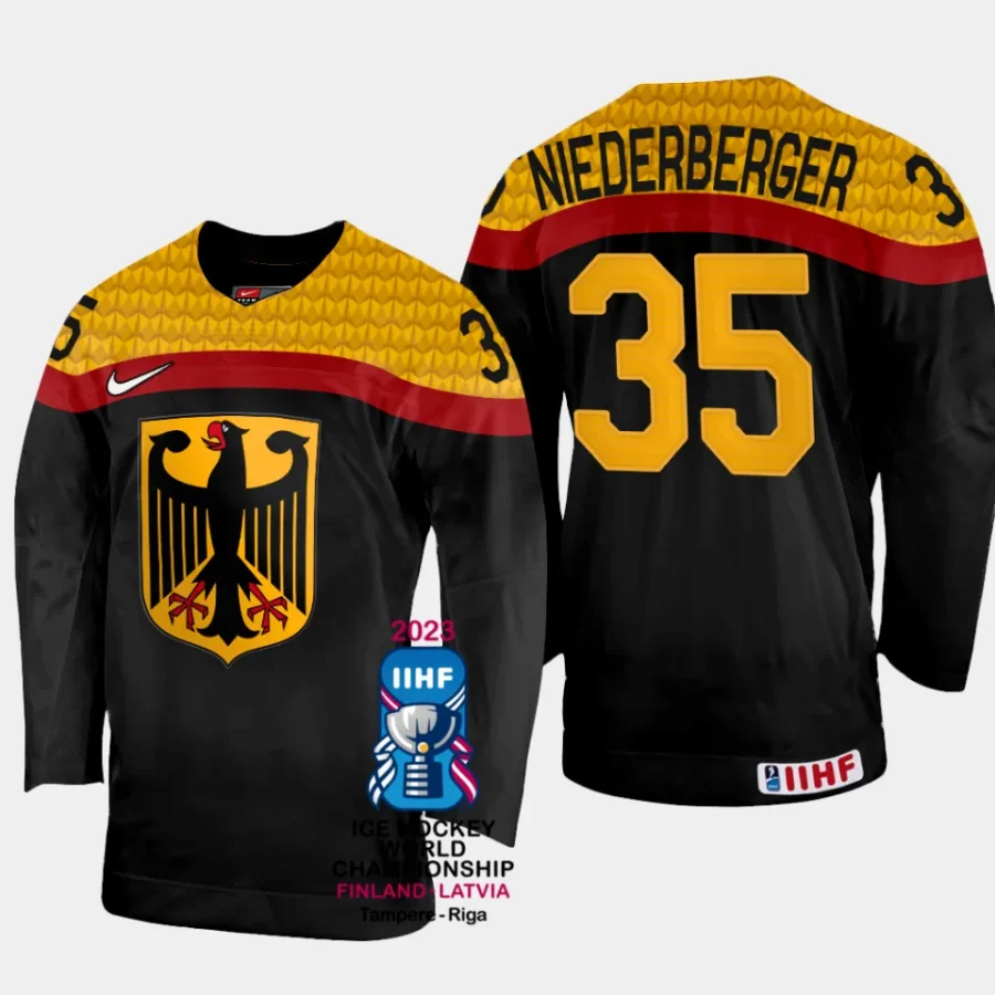 germany hockey mathias niederberger 2023 iihf world championship men away jersey black