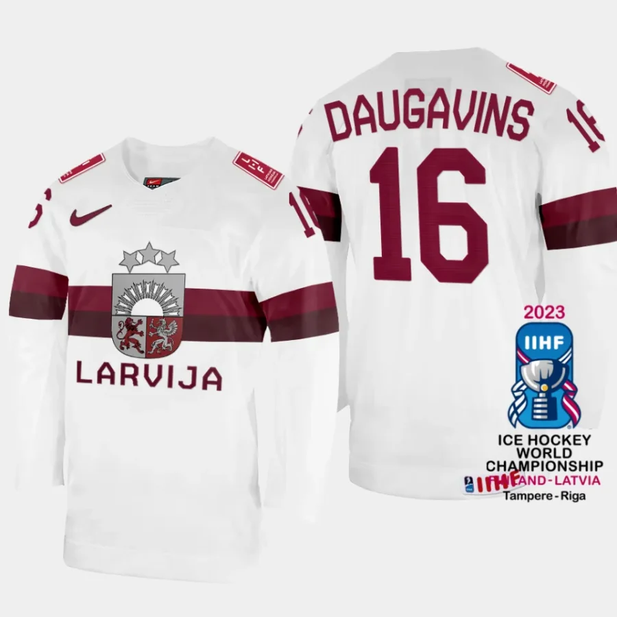 latvia hockey kaspars daugavins 2023 iihf world championship home jersey white