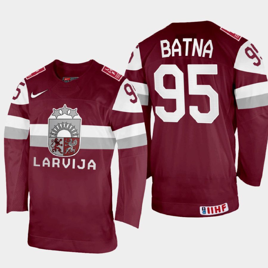 latvia hockey oskars batna 2022 iihf world championship away jersey maroon