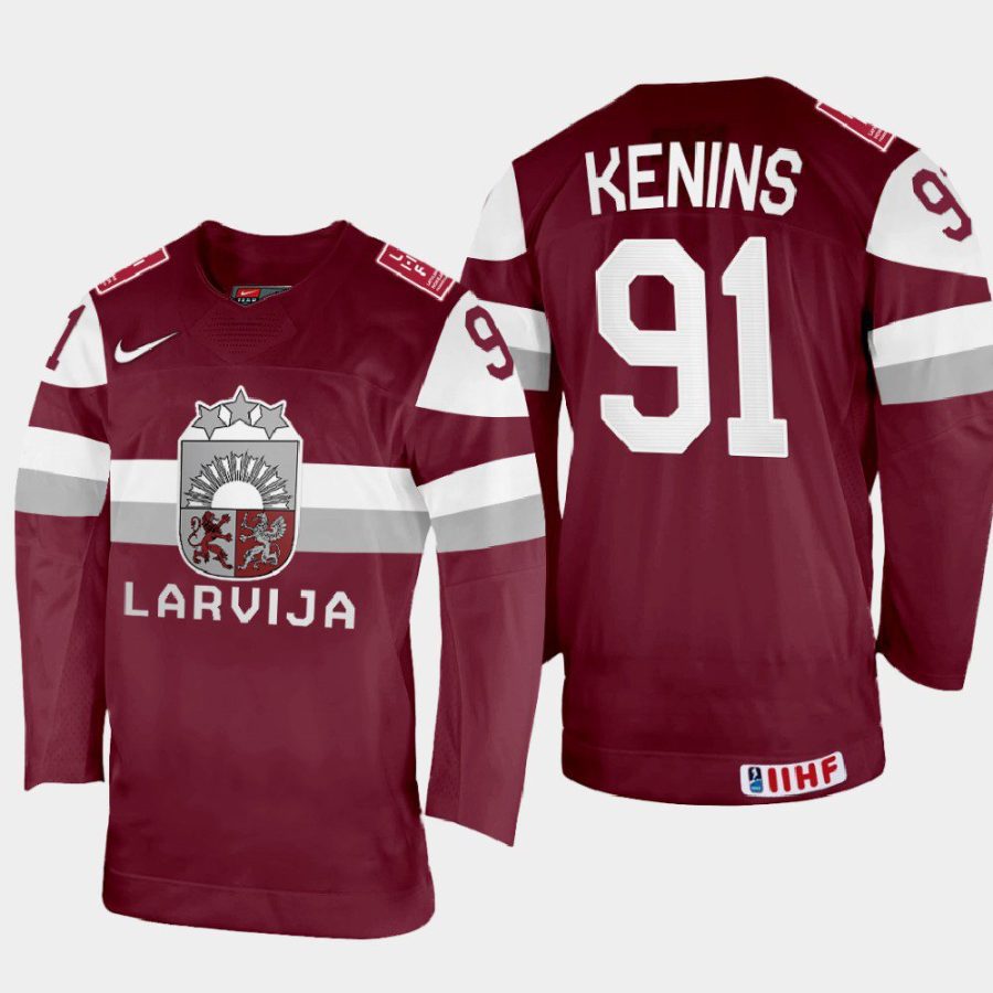 latvia hockey ronalds kenins 2022 iihf world championship away jersey maroon