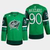 men blue jackets elvis merzlikins warm up st. patricks day 2022 green jersey