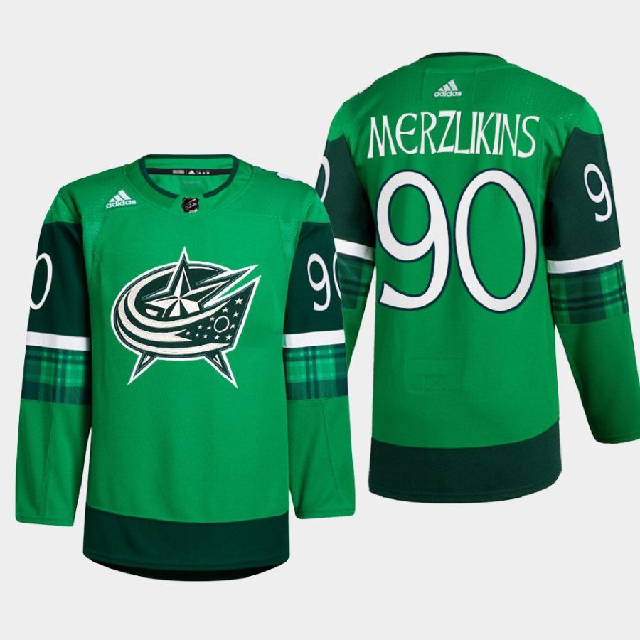 men blue jackets elvis merzlikins warm up st. patricks day 2022 green jersey