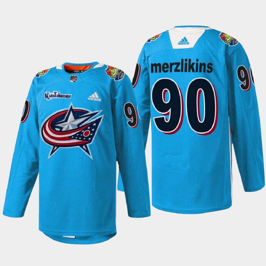 men blue jackets elvis merzlikins warmup kids takeover blue jersey