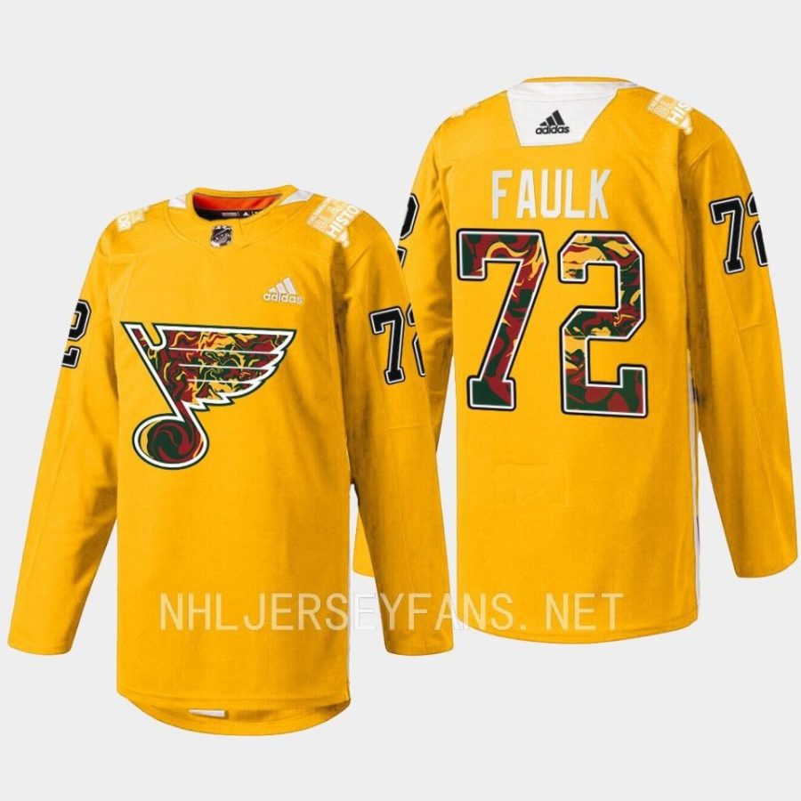 men blues justin faulk 2023 warmup black history night yellow jersey