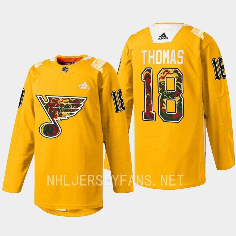 men blues robert thomas 2023 warmup black history night yellow jersey