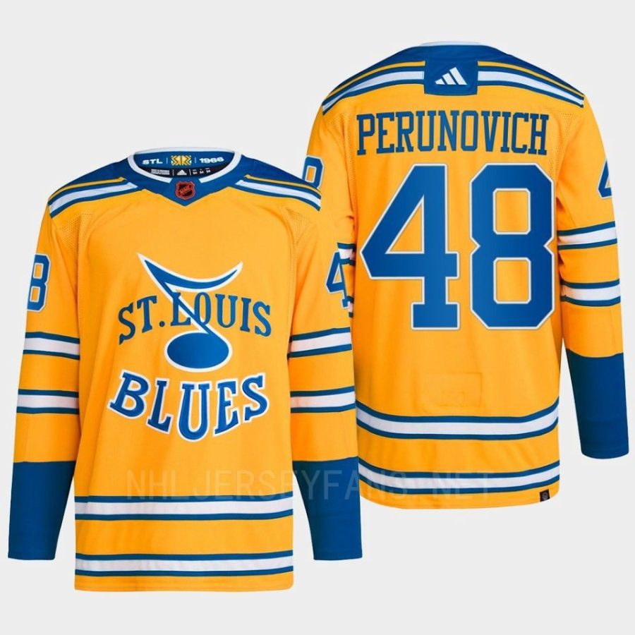 men blues scott perunovich 2022 authentic primegreen reverse retro 2.0 yellow jersey