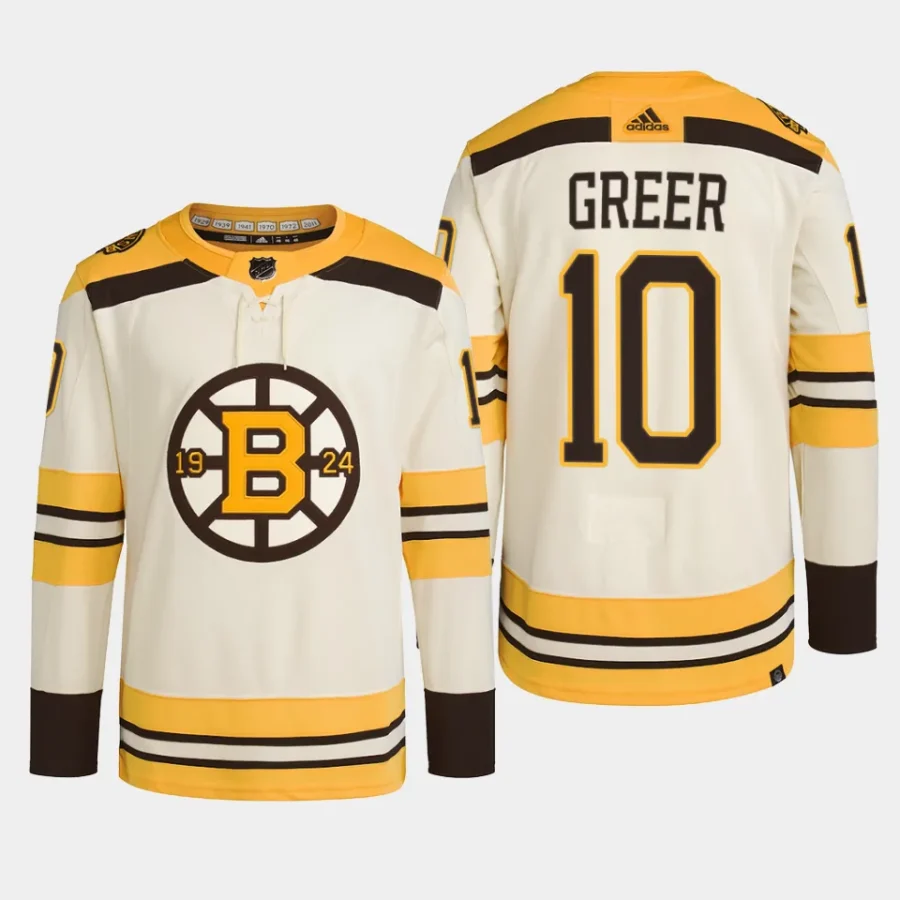 men bruins a.j. greer 2023 24 primegreen 100th anniversary authentic player cream jersey