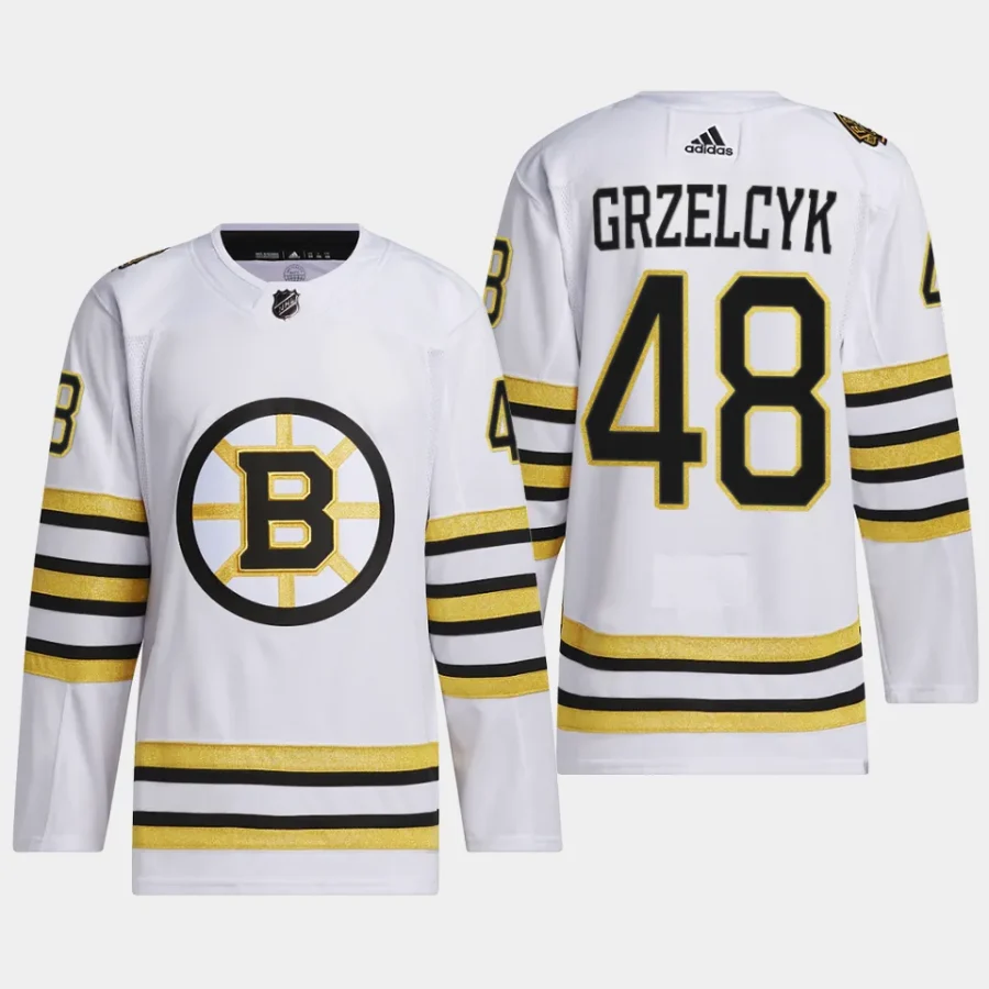 men bruins matt grzelcyk 2023 24 primegreen 100th anniversary authentic player white jersey