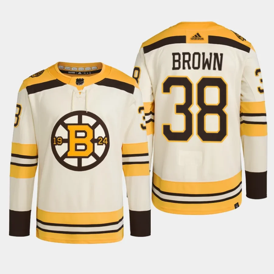 men bruins patrick brown 2023 24 primegreen 100th anniversary authentic player cream jersey