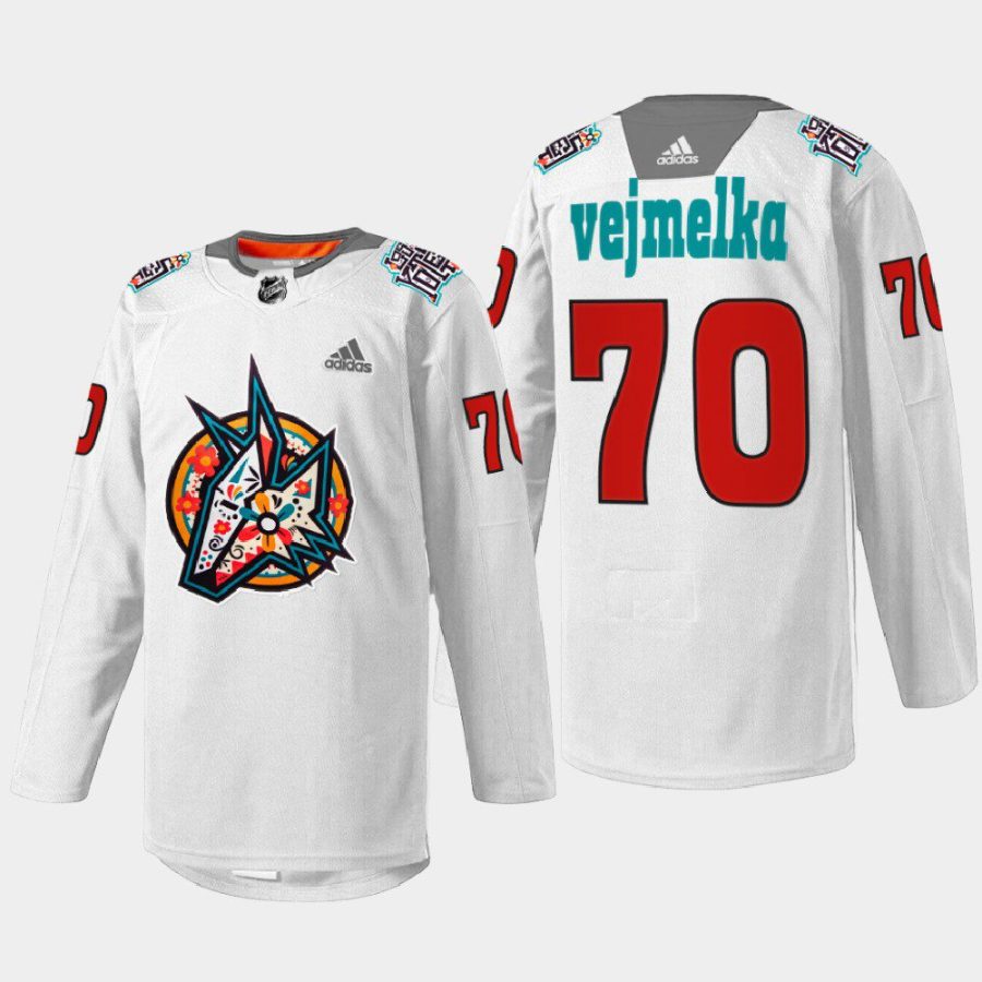 men coyotes karel vejmelka warmup los yotes night 2022 white jersey