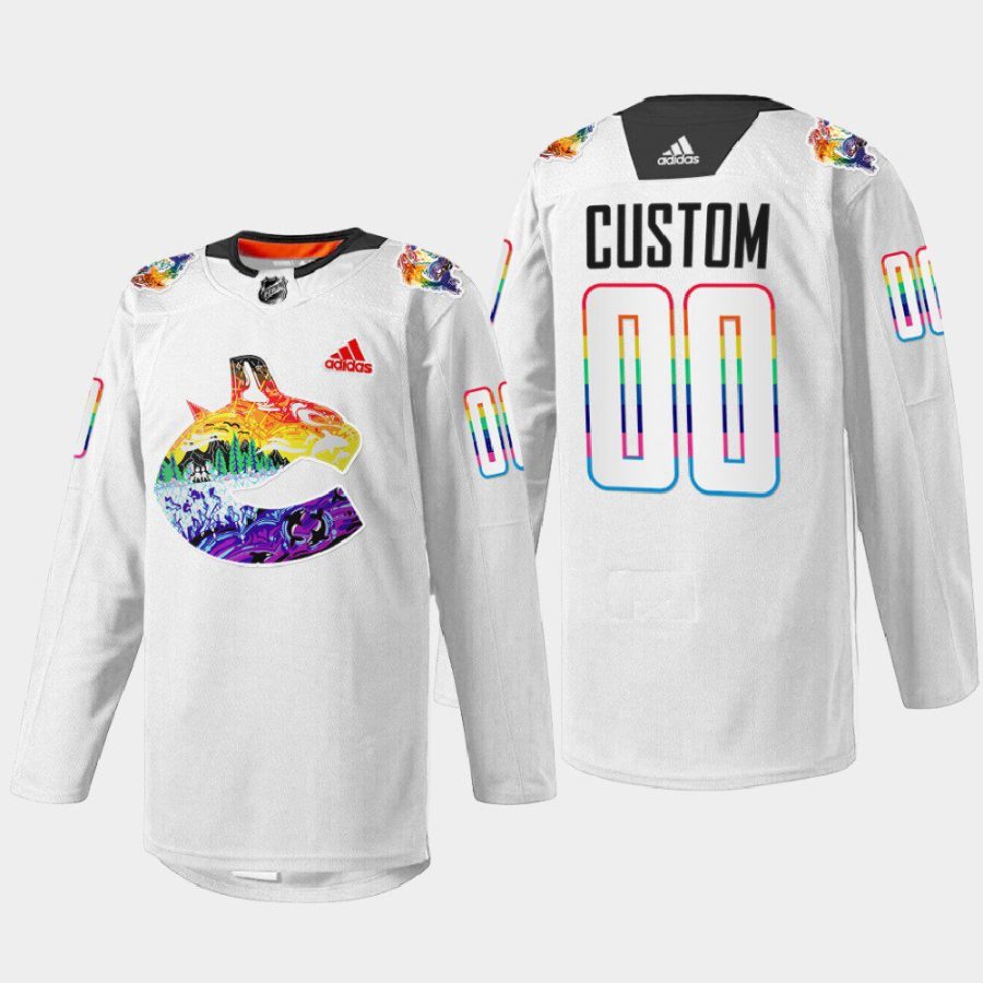 men custom canucks white pride night mio artwork warmup jersey