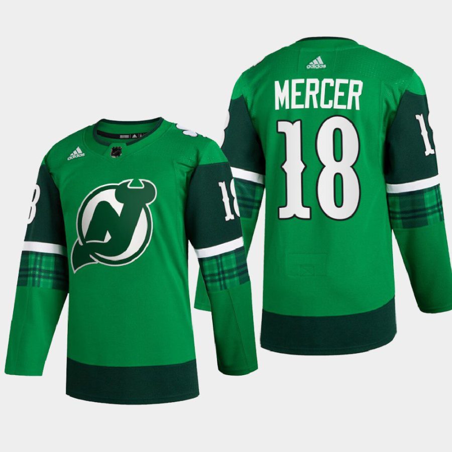 men devils dawson mercer warm up st patricks day 2022 green jersey