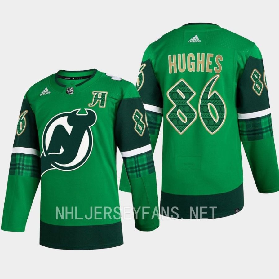 men devils jack hughes primegreen authentic 2023 st. patricks day green jersey