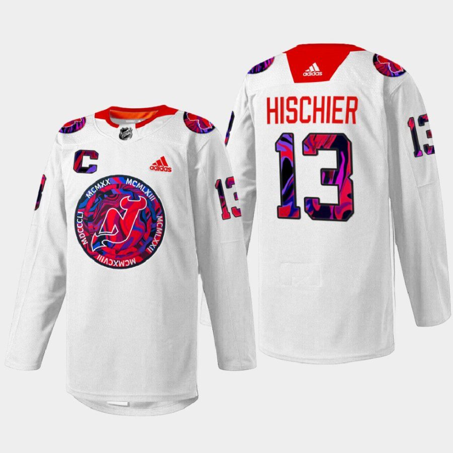 men devils nico hischier 2022 warm up gender equality night white jersey