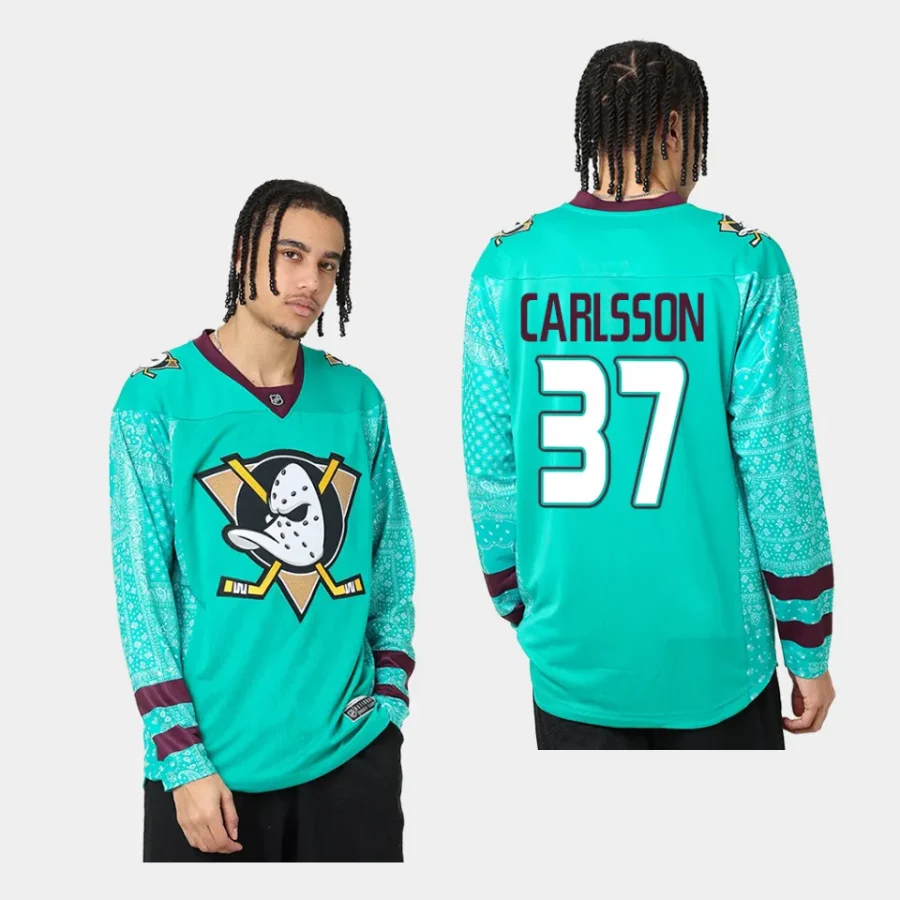 men ducks leo carlsson nhl bandana paisley teal jersey