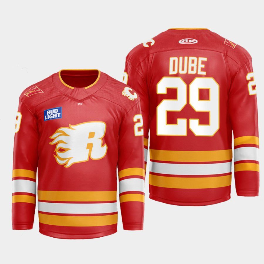 men flames dillon dube 2022 23 warmup flames x rush x cgy wranglers red jersey