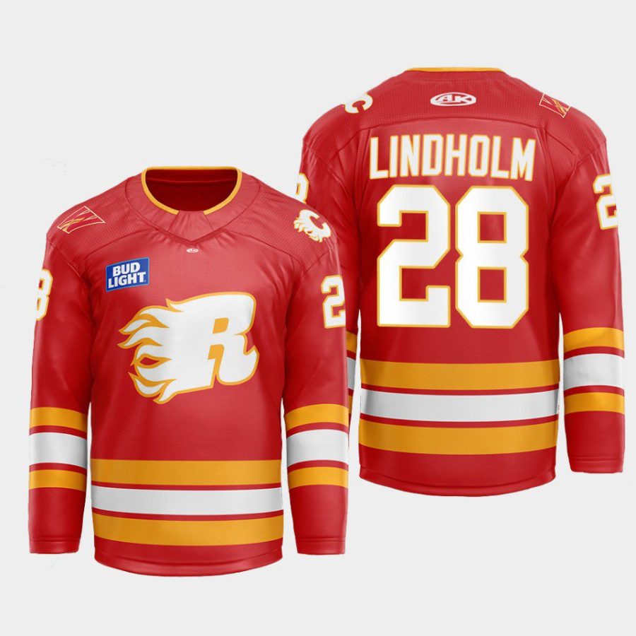 men flames elias lindholm 2022 23 warmup flames x rush x cgy wranglers red jersey