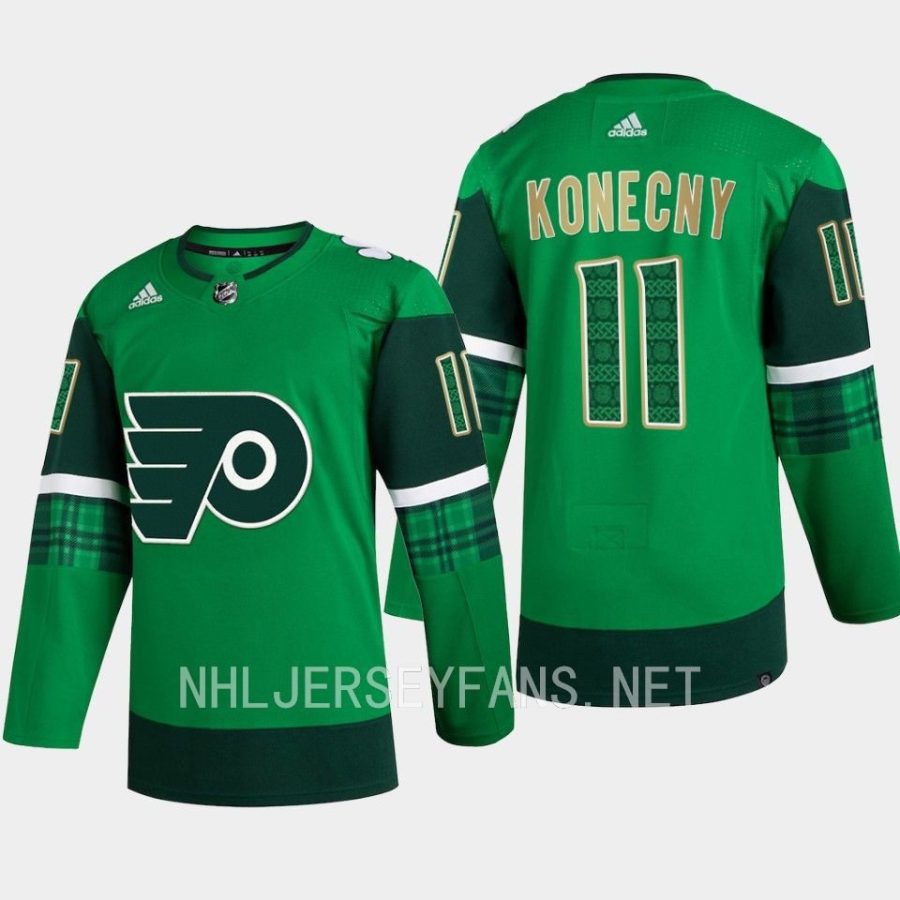 men flyers travis konecny primegreen authentic 2023 st. patricks day green jersey