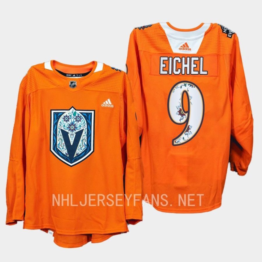 men golden knights jack eichel 2022 warmups hispanic heritage night orange jersey