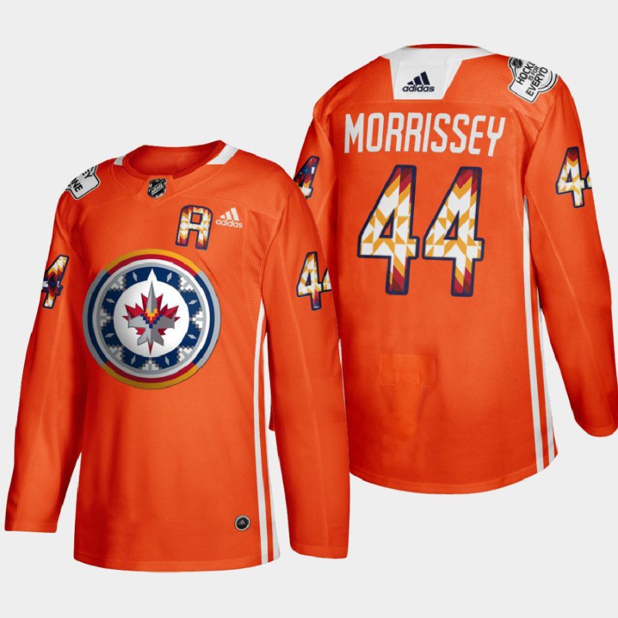 men jets josh morrissey indigenous warmup 2022 wasac night orange jersey