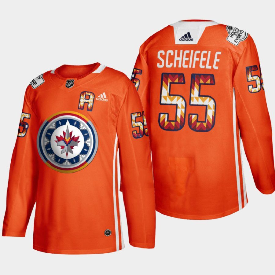 men jets mark scheifele indigenous warmup 2022 wasac night orange jersey