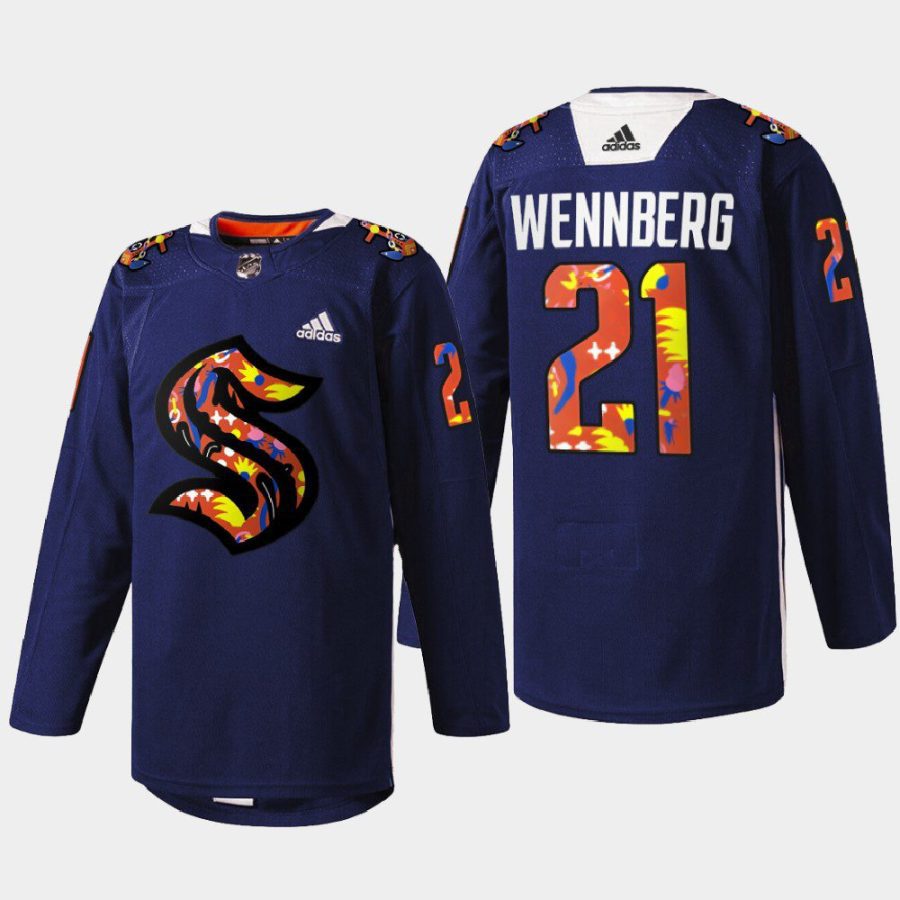 men kraken alexander wennberg 2022 stevie artwork warmup women of hockey navy jersey