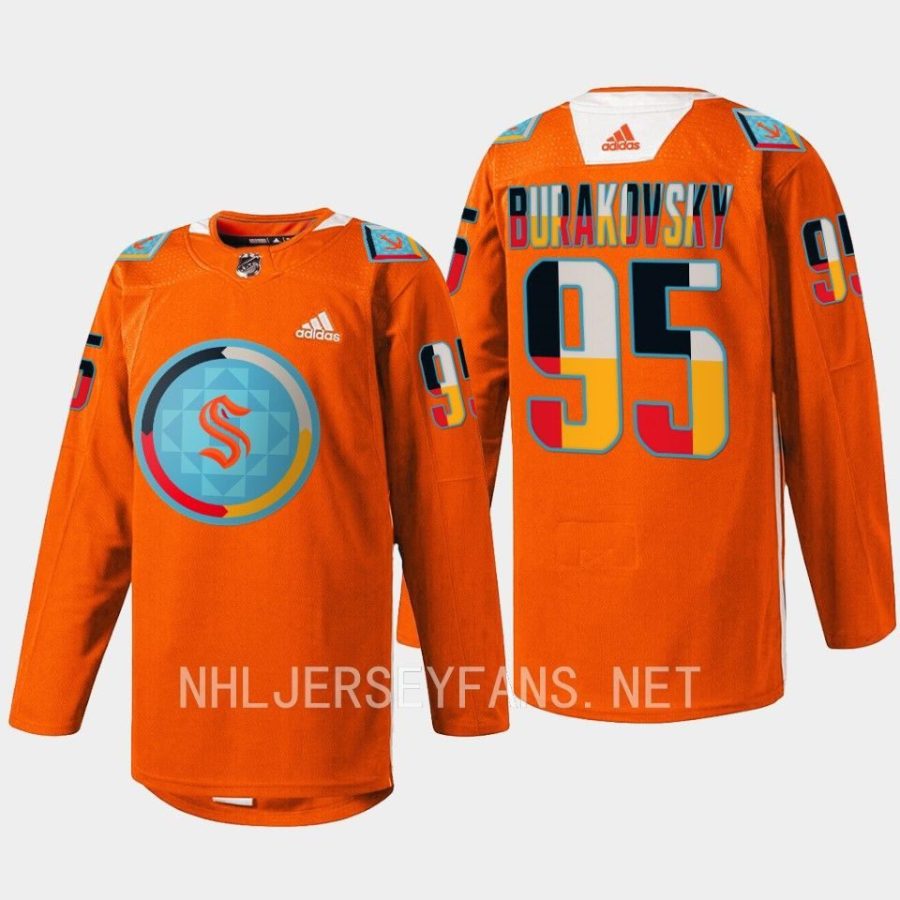 men kraken andre burakovsky 2022 warmup indigenous people night orange jersey