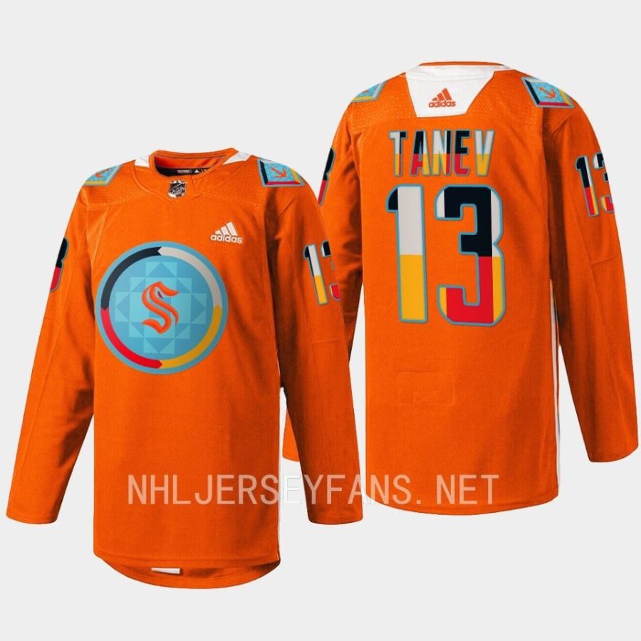 men kraken brandon tanev 2022 warmup indigenous people night orange jersey