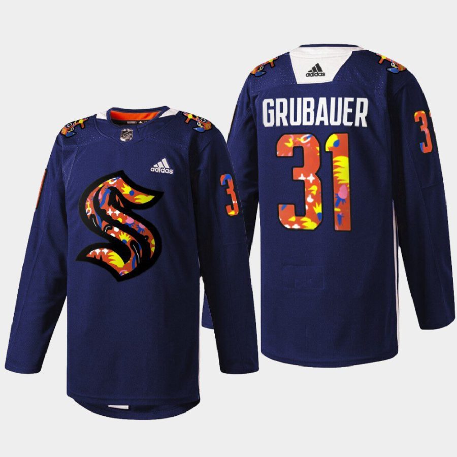 men kraken philipp grubauer 2022 stevie artwork warmup women of hockey navy jersey