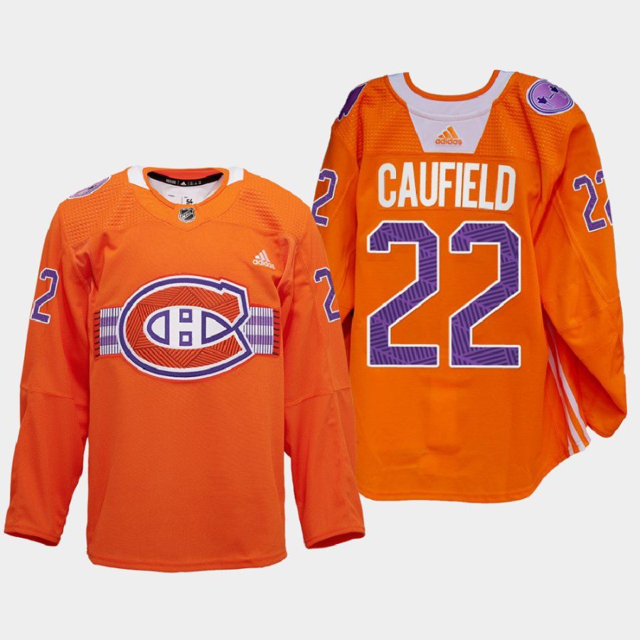 men les canadiens cole caufield warmup indigenous celebration night 2022 orange jersey