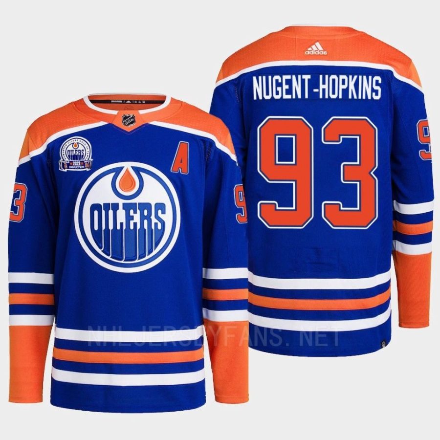 men oilers ryan nugent hopkins 2022 primegreen lee ryan hall of fame patch royal jersey