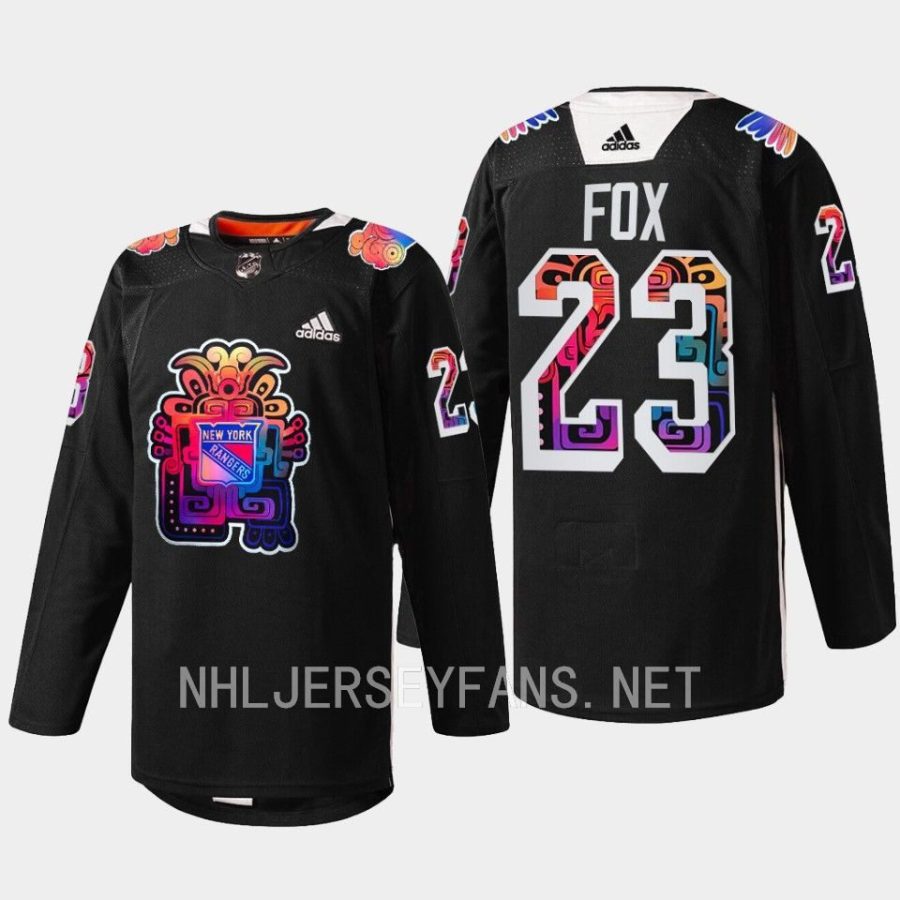 men rangers adam fox warmups hispanic heritage night 2022 black jersey