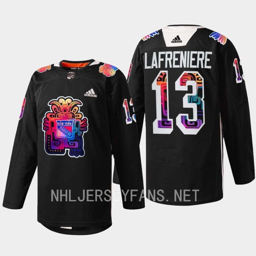 men rangers alexis lafreniere warmups hispanic heritage night 2022 black jersey