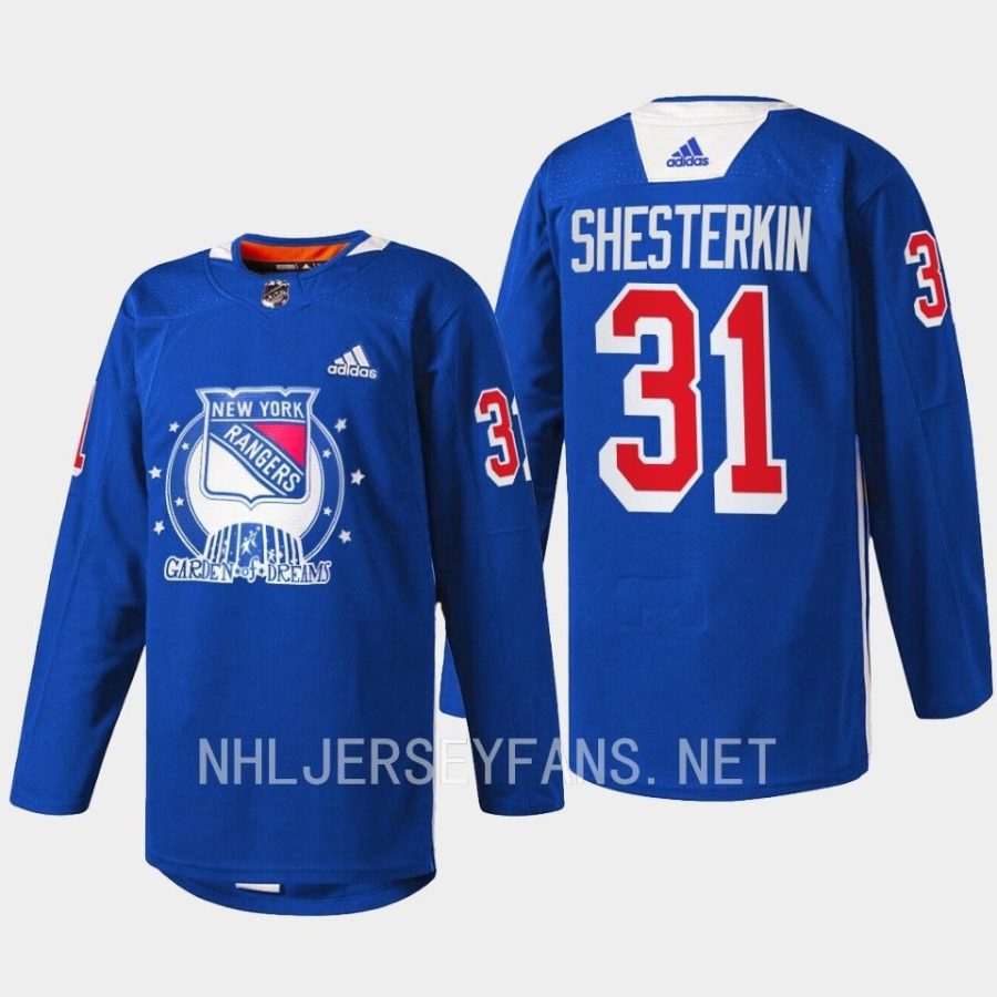 men rangers igor shesterkin warmups garden of dreams 2022 blue jersey