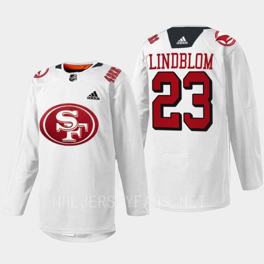 men sharks oskar lindblom 2022 specialty warm up 49er mash up white jersey