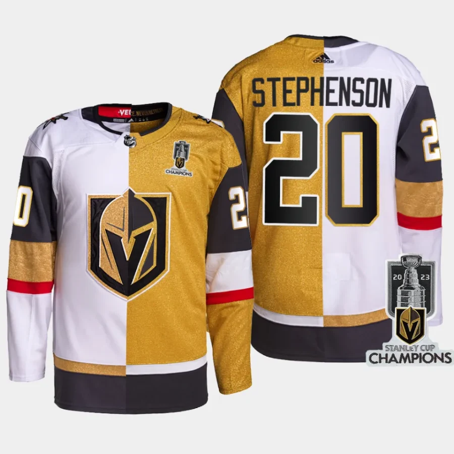 men vgk chandler stephenson split 2023 stanley cup champions authentic white gold jersey