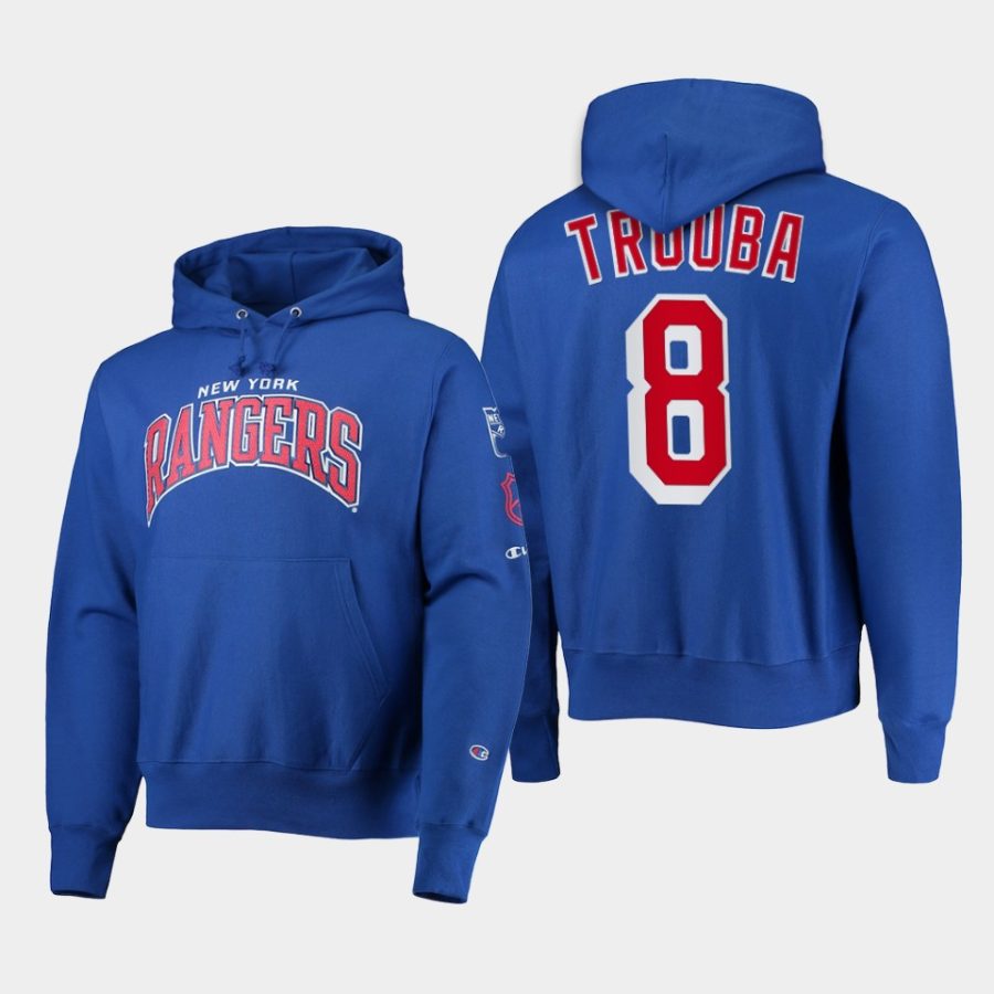 rangers jacob trouba blue champion capsule ii pullover hoodie