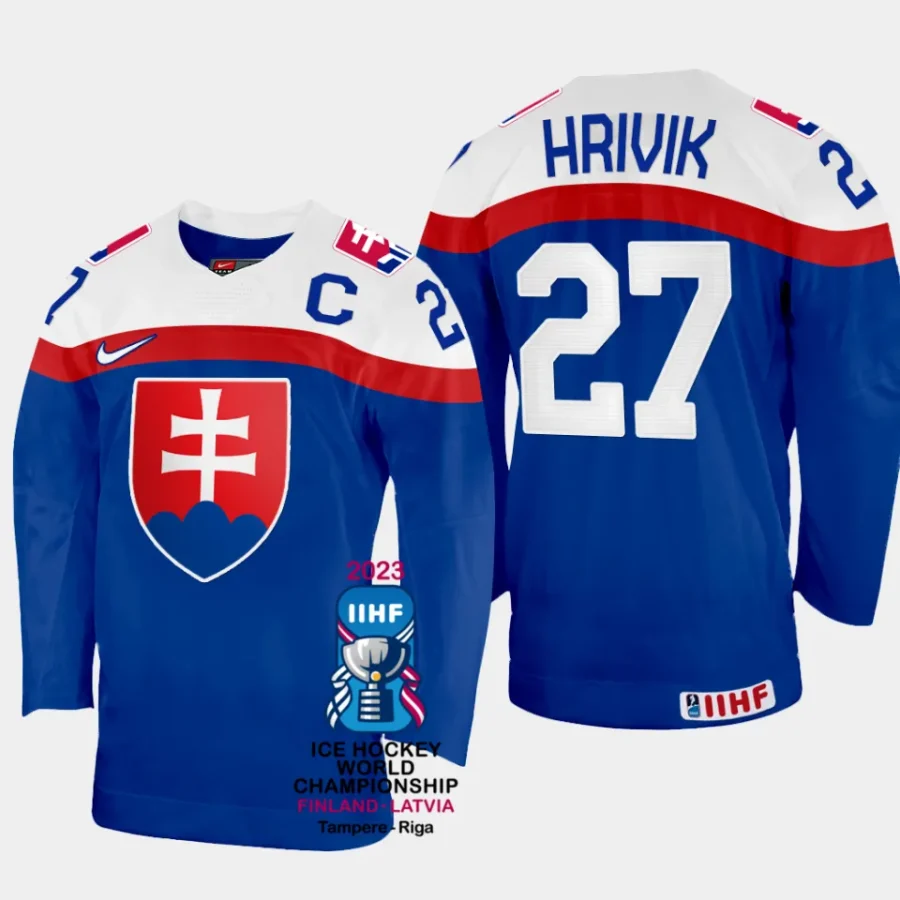 slovakia hockey marek hrivik 2023 iihf world championship away jersey blue