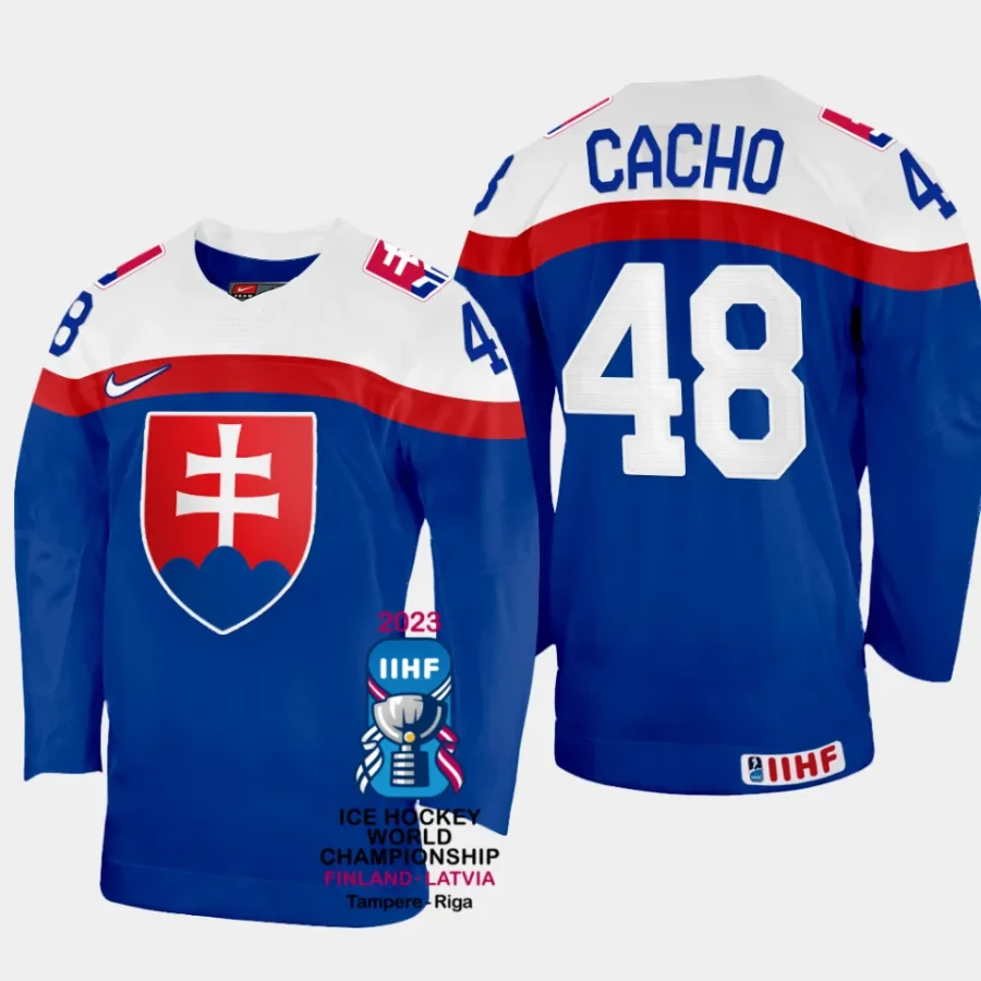 slovakia hockey viliam cacho 2023 iihf world championship away jersey blue