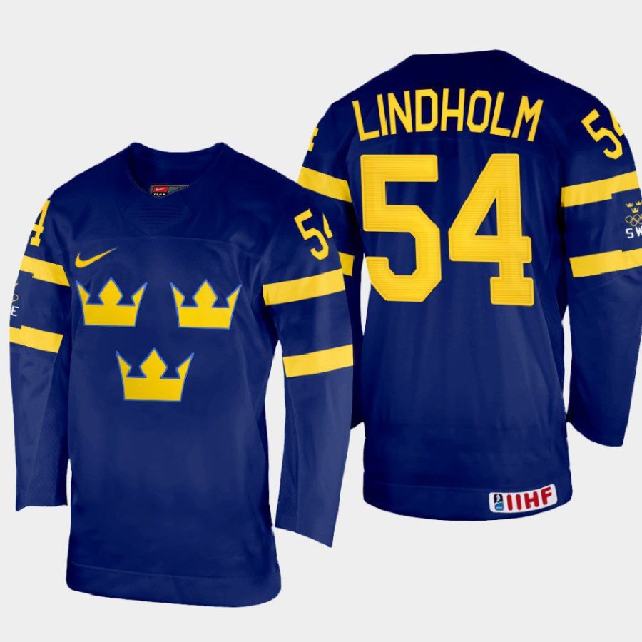 sweden hockey anton lindholm 2022 iihf world championship away jersey navy