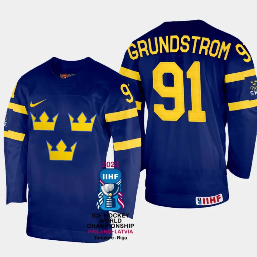 sweden hockey carl grundstrom 2023 iihf world championship men away jersey navy