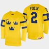 sweden hockey christian folin 2022 iihf world championship home jersey yellow