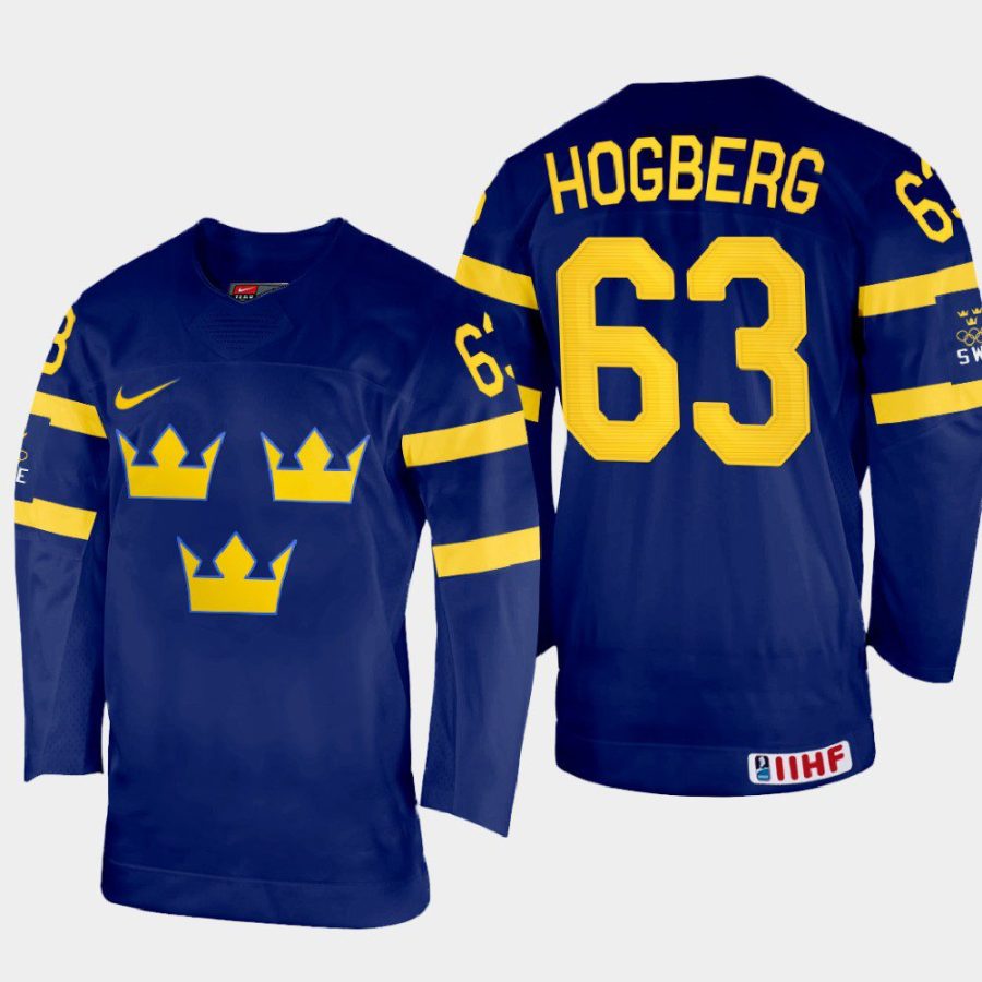 sweden hockey marcus hogberg 2022 iihf world championship away jersey navy