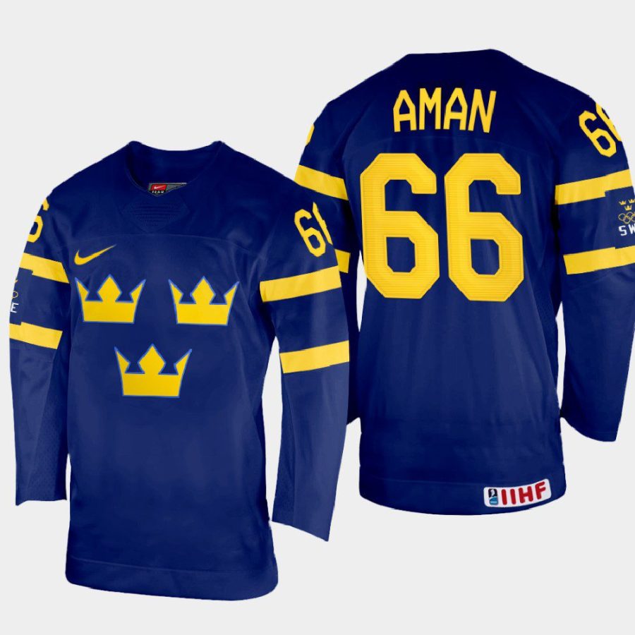 sweden hockey nils aman 2022 iihf world championship away jersey navy