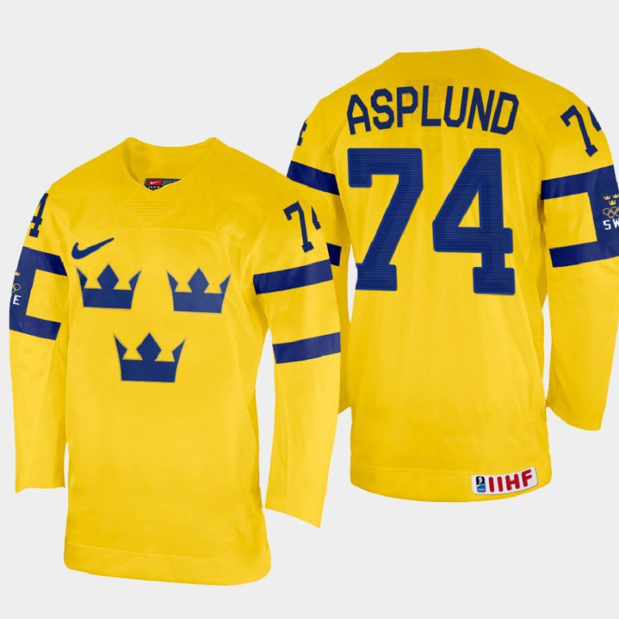 sweden hockey rasmus asplund 2022 iihf world championship home jersey yellow